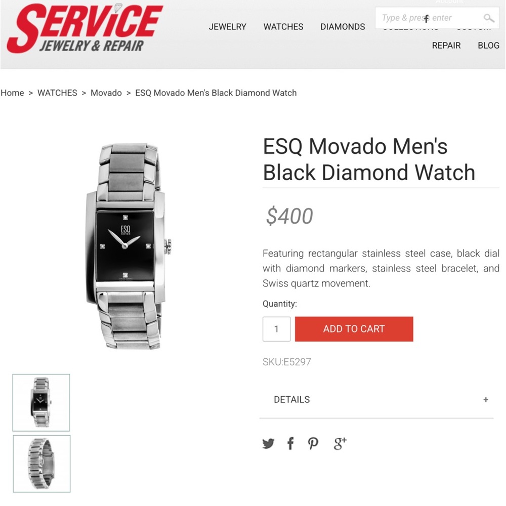 Esq by movado mens silver stainless steel diamond tank black face watch